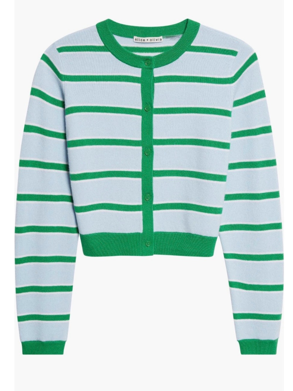 ALICE + OLIVIA Dollie Stripe Crop Cashmere Cardigan Glamour Stripe Carolina Blue - Picture 5 of 9